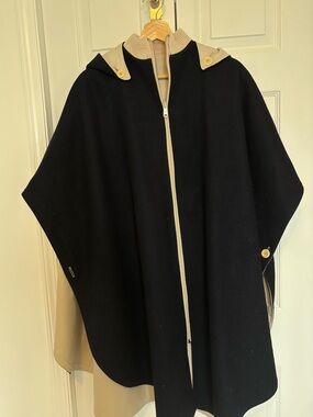 Reversible Navy & Beige Hooded Cape Coat